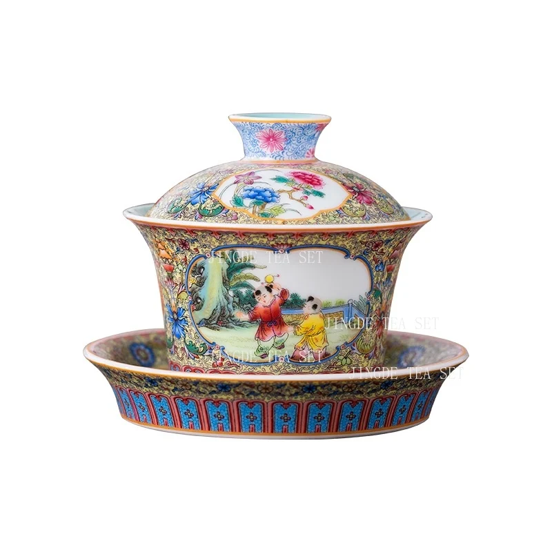 

Ceramic Enamel Color Fun Three Talent Covered Bowl High-end Non Hot Tea Bowl Household Kung Fu Teaset Gift Box Packaging