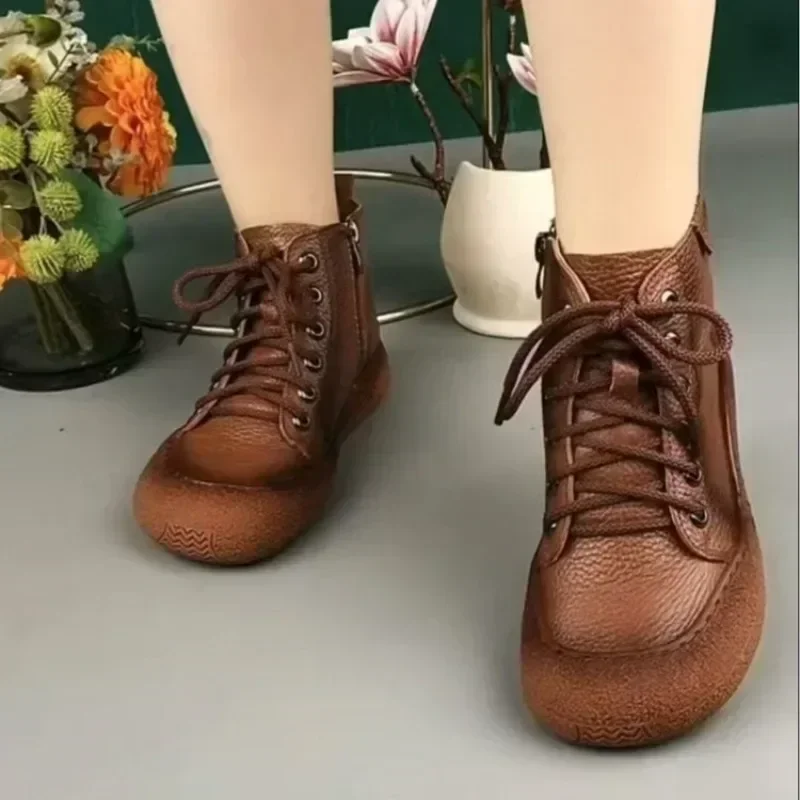New Cow Leather Ankle Boots Women's Laced Up Waterproof Shoes Ladies Wide Fit Short Boots Woman Oxfors Shoes Brown Booties