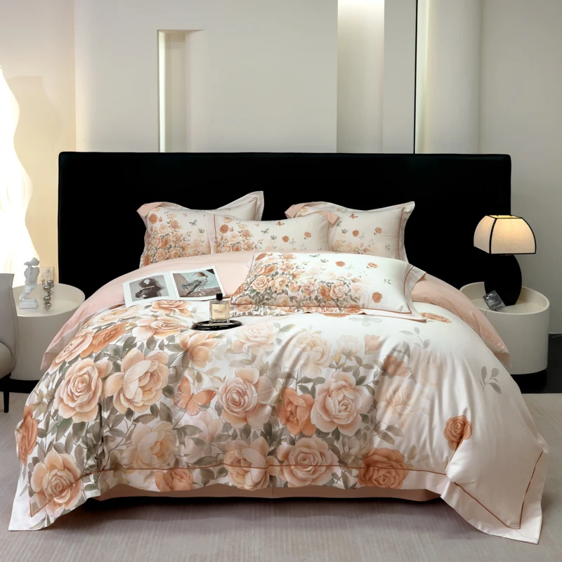 

Flowers Prints Luxury Bedding Set Brushed Cotton Duvet Cover Set Bed Sheet Fitted Sheet Pillowcases Queen King Size Bed Set 4Pcs