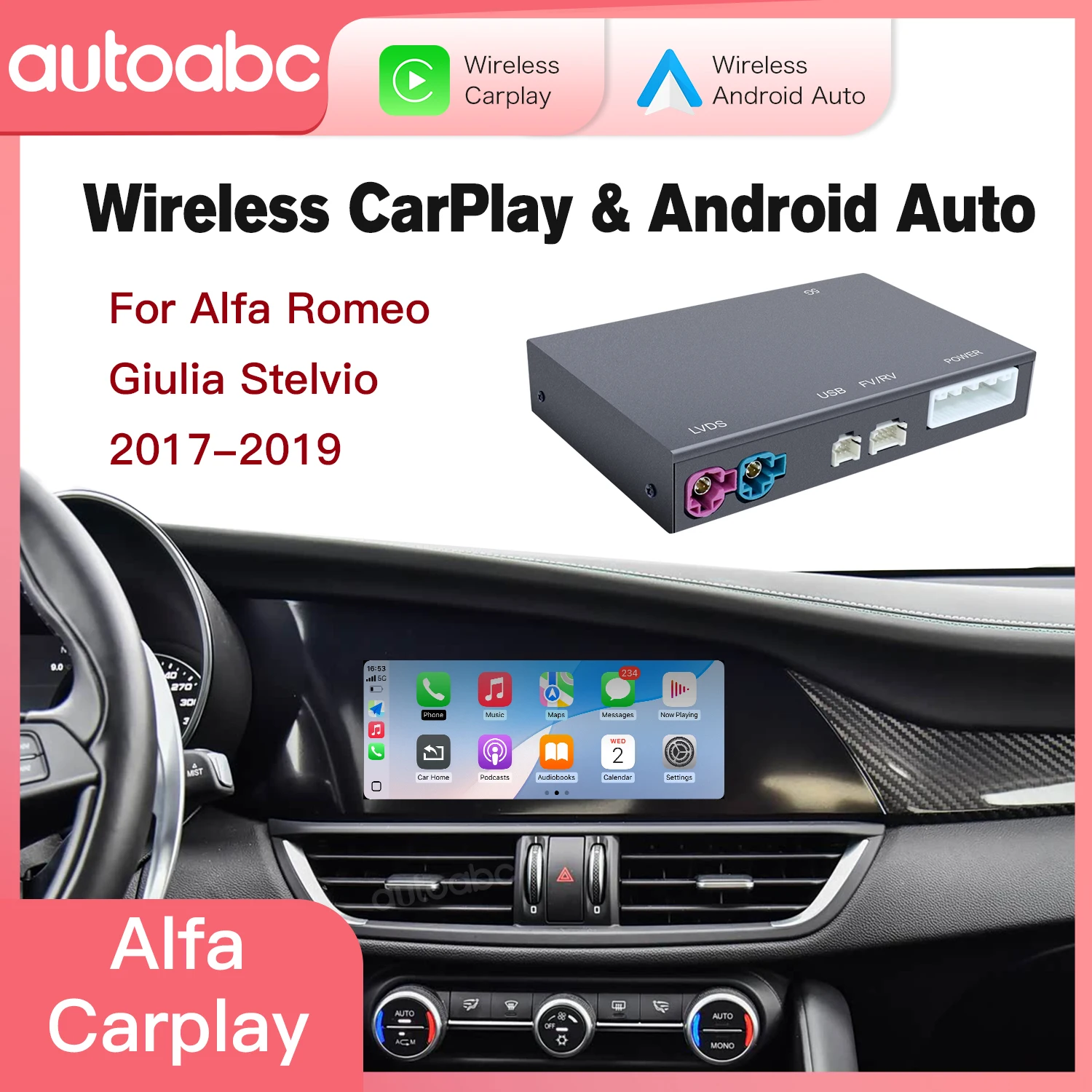 AUTOABC 2025 New Wireless CarPlay Android Auto for Alfa Romeo Stelvio /Giulia 2017-2019 Compatible with Original Car Camera