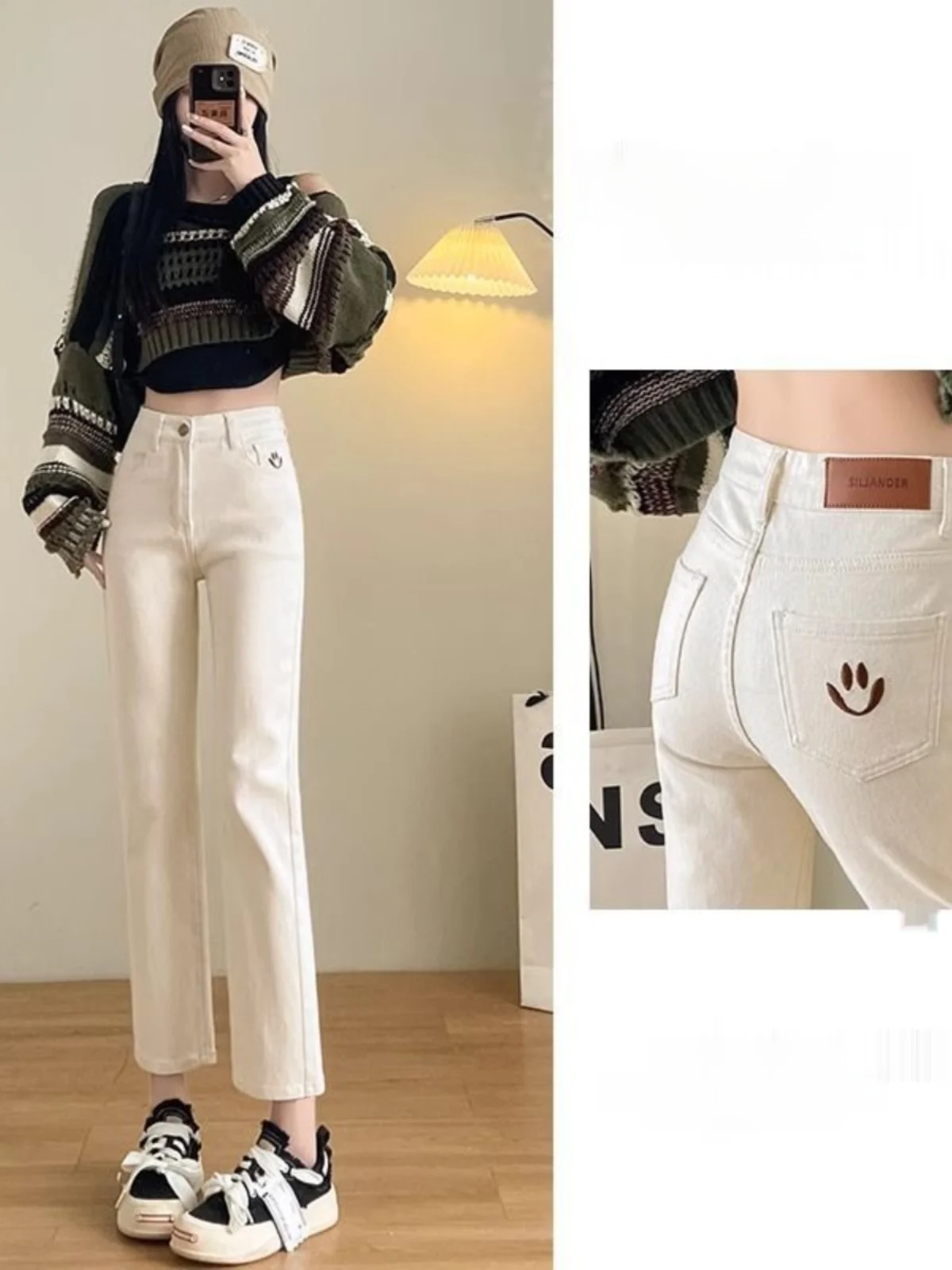 

Джинсы женские прямые зауженные с высокой талией, весна-осень 2025, новинка, вышитые брюки-сигареты