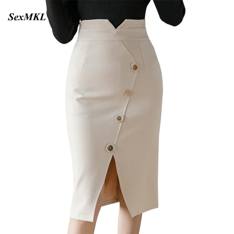 Oversized Button High Waist Skirts 2024 Fashion Knee Length Bodycon Pnecil Skirt Women Korean Clothes Elegant Sexy Office Skirt