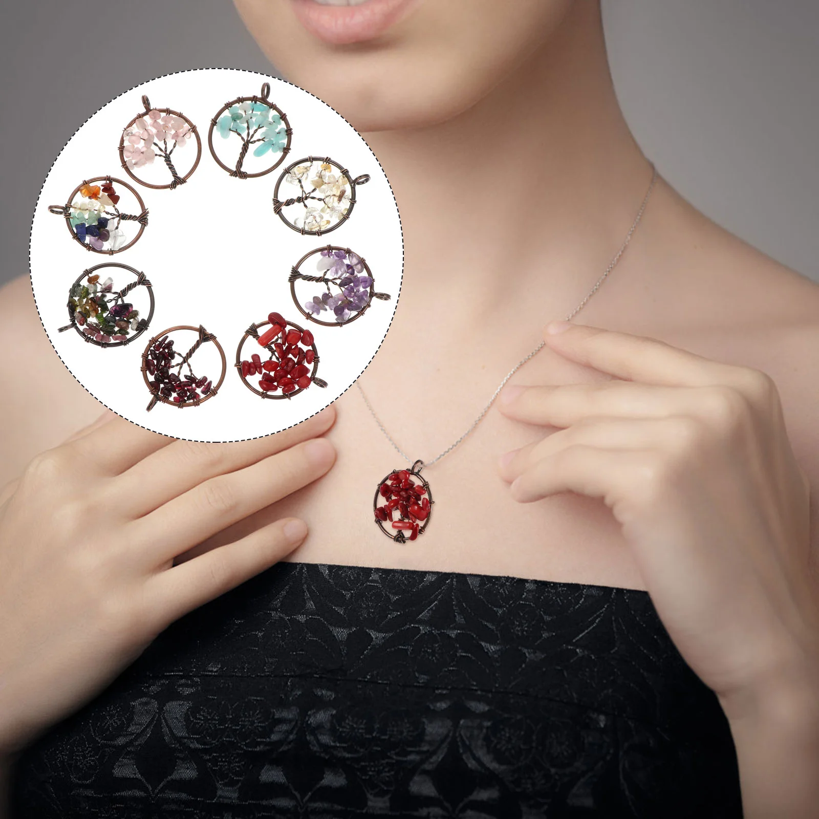 8 Pcs Tree of Life Pendant Chakra Natural Stone Necklace Charms Jewelry Making Healing Crystal Quartz Gems Accessories