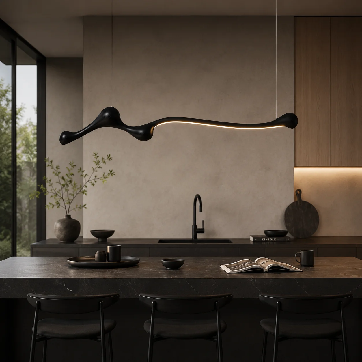 Linear Solid Wood Pendant Light with a Gentle Curve Dimmable LED Chandelier in 3 Wood Colors for Kitchen Island Dining Room view 3