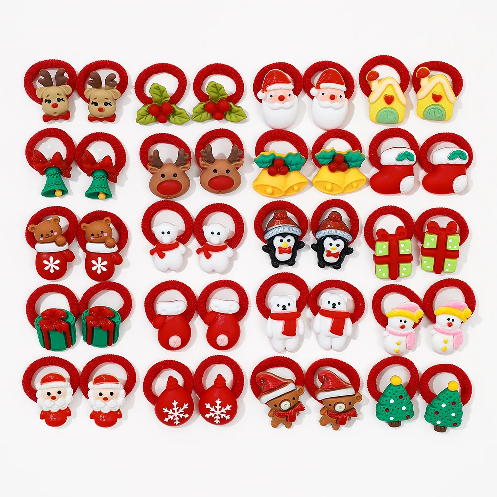 

10-Pack Girls Christmas Cartoon Cute Santa Claus Snowman Christmas Tree Gift Elk Hair Tie Holiday Party Decoration Translate