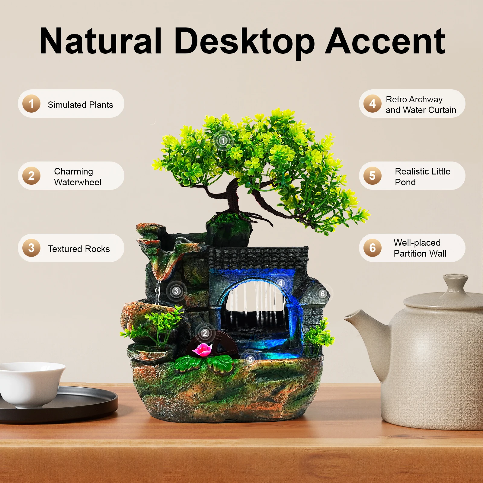 Tabletop Resin Water Fountain Hand Carved Mini Desktop Waterfall with Color Changing LED Light Adjustable Water Pump Natural Landscape Decor for Office Bedroom Living Room Desk Gift