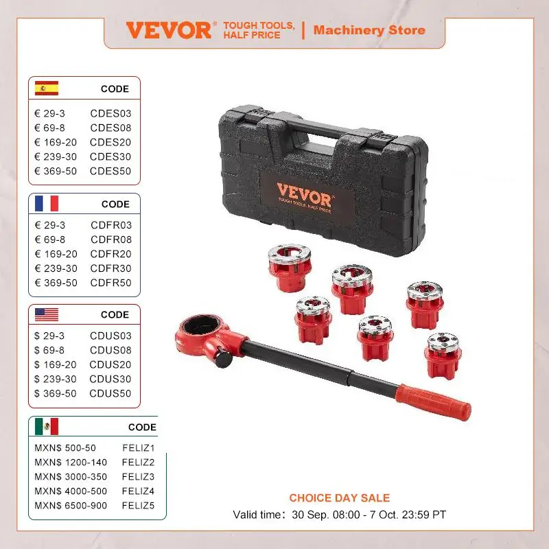 VEVOR Manual Pipe Threader Ratchet Tool Portable Pipe Threading Set with 6PCS NPT Dies for Galvanized Aluminum Iron Copper Pipes