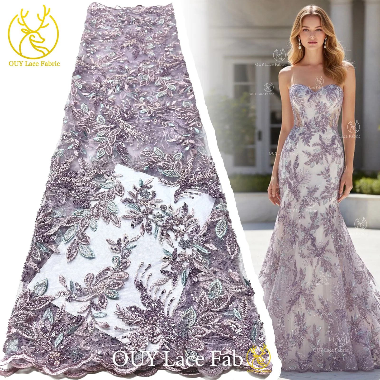 

Elegant African Beaded Embroidery Lace Fabric 5 Yards Nigerian French Sequins Tulle Lace For Women Party Dress DIY Sewing