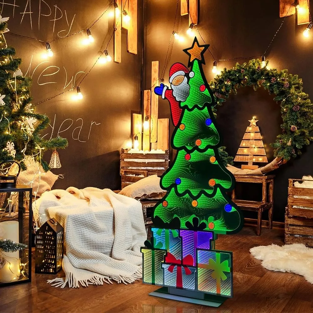 شجرة عيد الميلاد بطول 6 أقدام مع سانتا وصندوق هدايا، مرآة إنفينيتي، ضوء نفق ثلاثي الأبعاد لا نهاية له للمنزل والحفلات الداخلية والخارجية