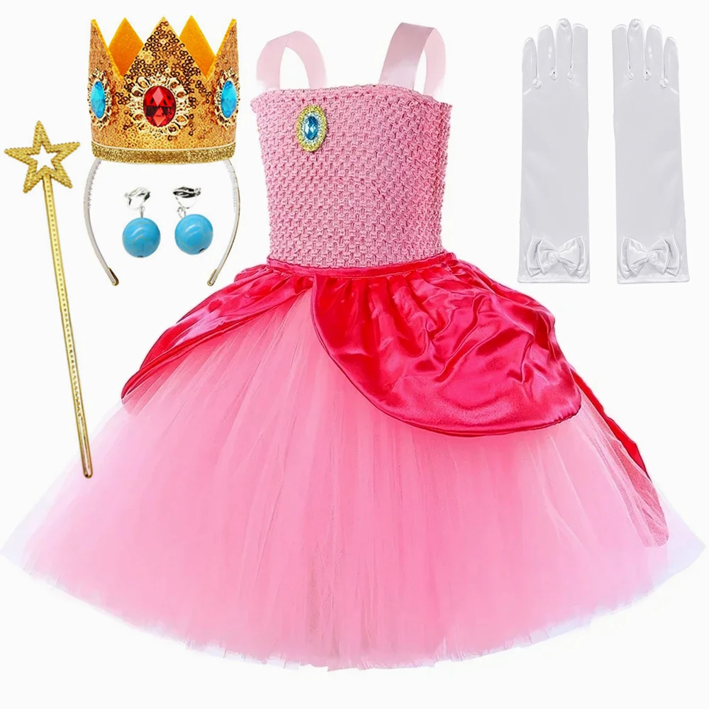Peach Princess Costume Girls Pink Super Bros Princess Dress Up Ball Gown Kids Halloween Carnival Birthday Party Tulle Tutu Dress