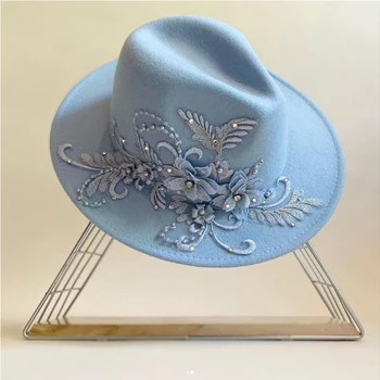Sombrero fedora de flores tridimensionales bordado, sombrero de copa de jazz para mujer, sombrero de boda elegante a la moda para iglesia de Panamá para primavera y otoño