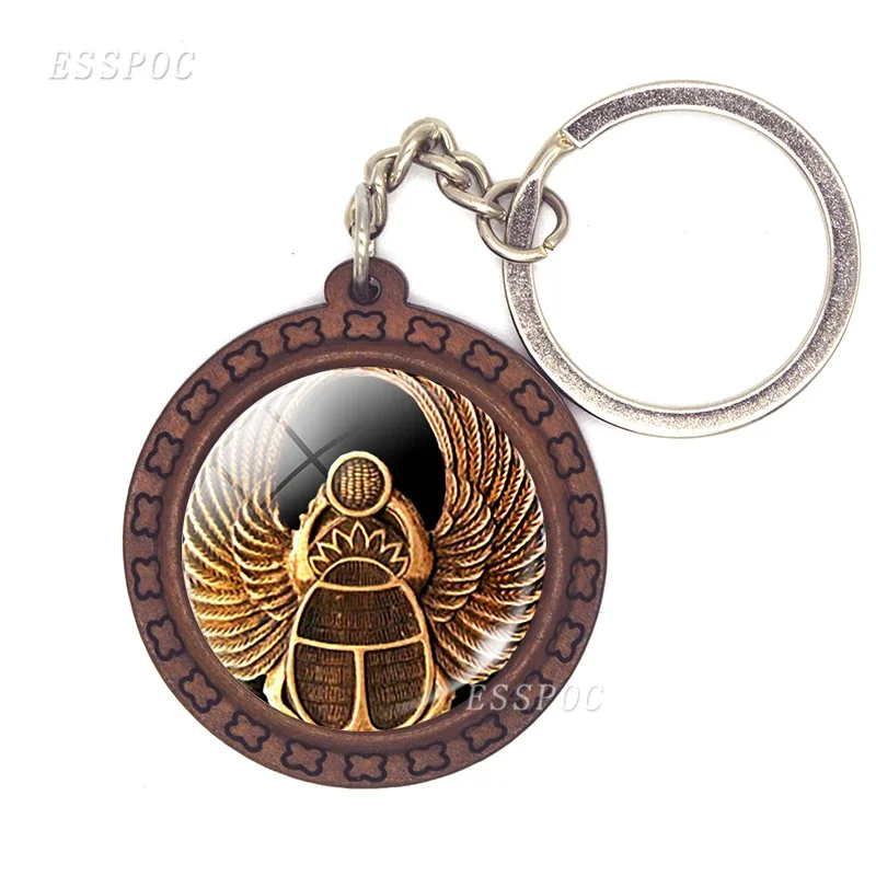 Egyptian Ankh Cross Keychain Vintage Jewelry Ancient Egypt Anubis Scarab Goddess Glass Dome Wooden Keychain Fashion Accessories