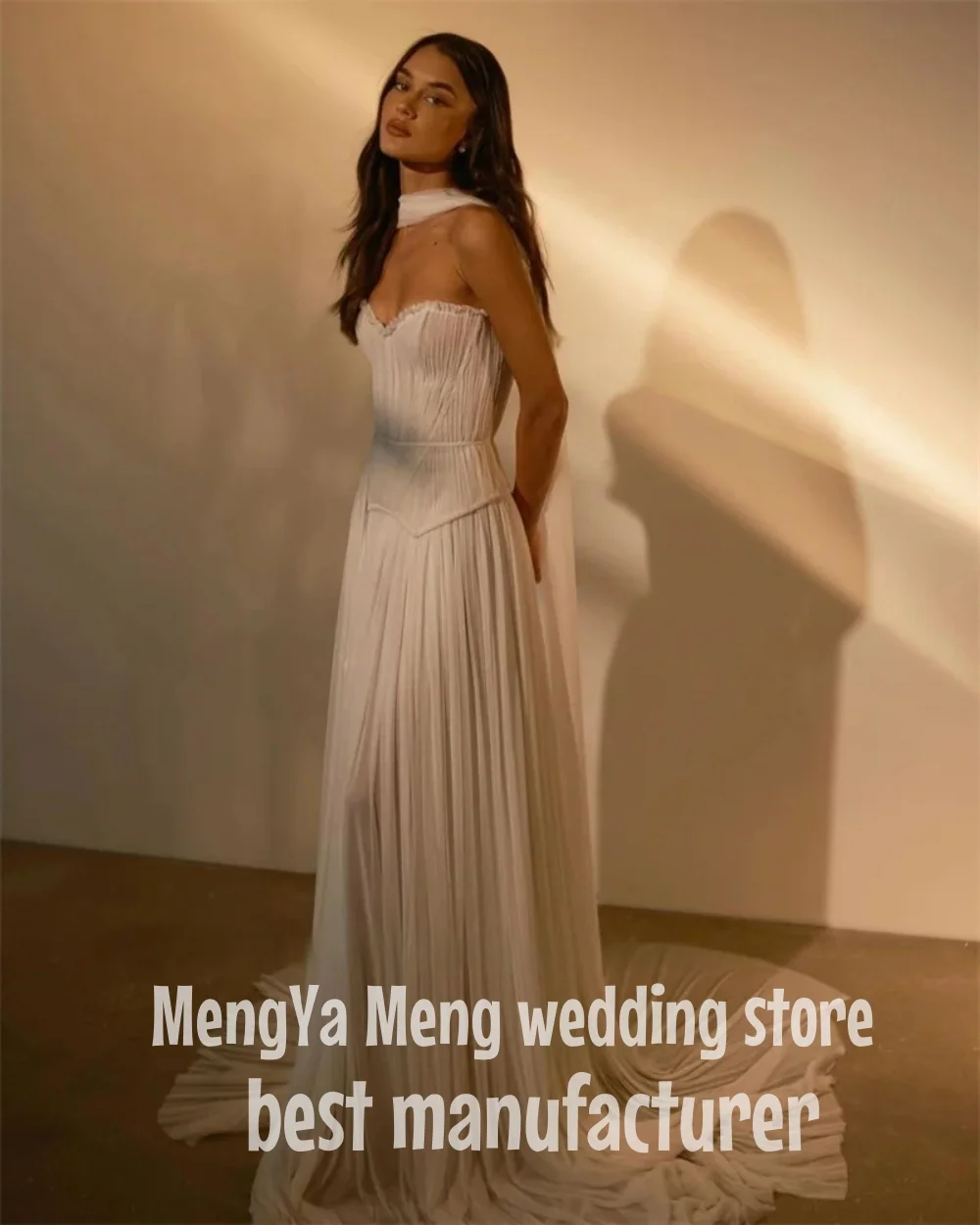 ZHUISHU lvory فستان زفاف شيفون بدون حمالات على شكل حرف A فساتين مناسبة رسمية سويب تراين فساتين العروس حسب الطلب