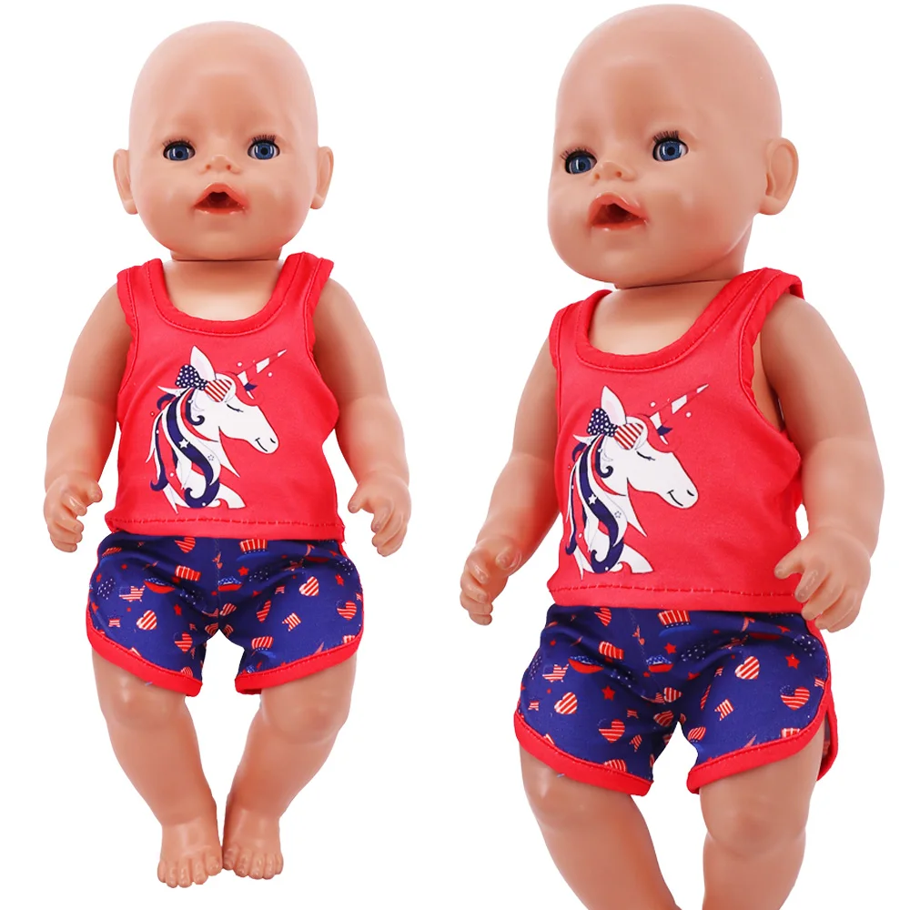 Doll Clothes Cat Unicorn Panda Printed Vest Top+Shorts Fit 18Inch American Doll Girl&43Cm Reborn Baby item,Doll Accessoires Toy