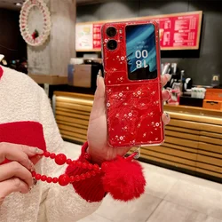 Red Flowers Phone Case For OPPO Find N2 N3 Flip Bracelet Hairball PC Hard Shell Protective Back Cover