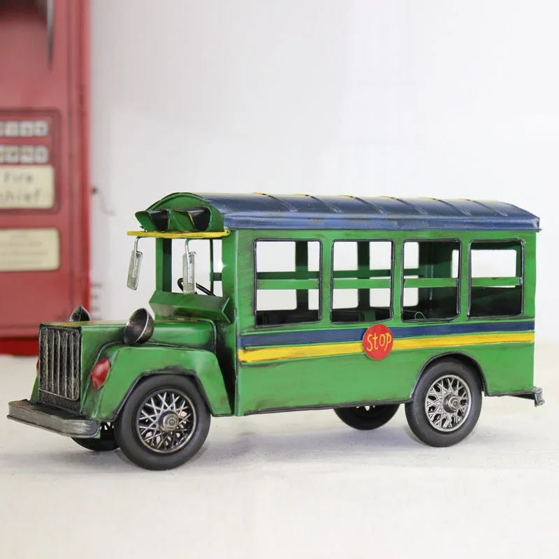 Retro Bus Home Decoration Handmade Crafts Desktop Display Furnishings Metal Car School Ornament Study Room Decor Figurines