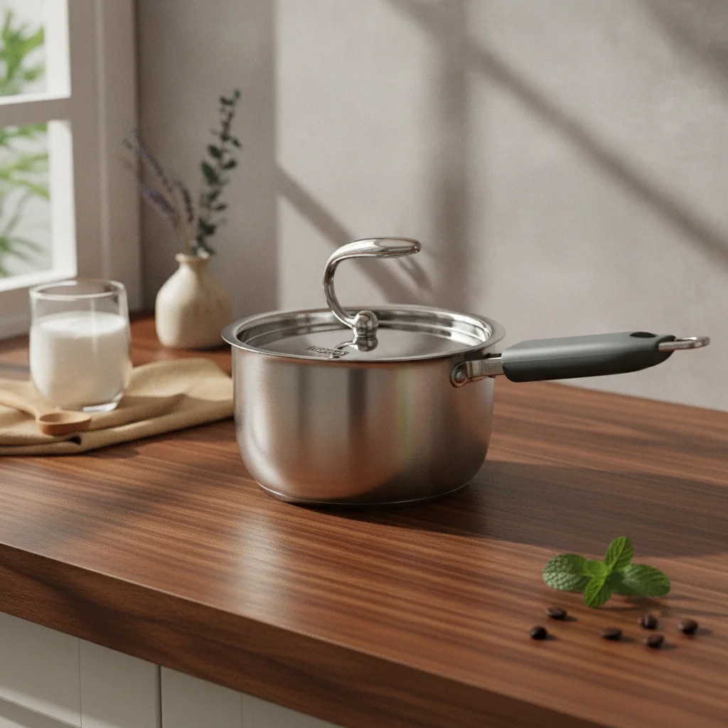 Deep Milk Pan Curved Lid Knob Brushed Silver Cookware Triple-layer Steel Small Saucepan for Direct Stove Cooking