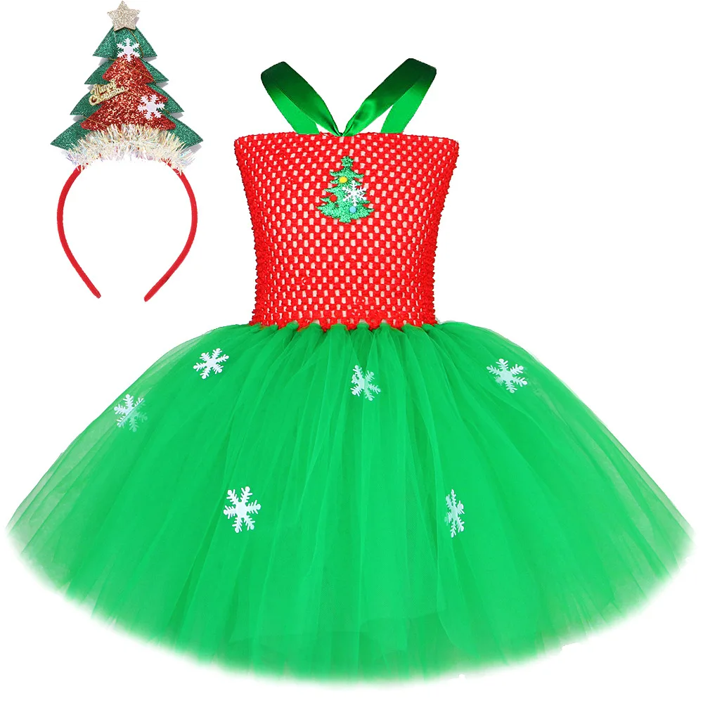 Vestido tutú de árbol de Navidad rojo y verde para niñas, disfraces de Carnaval de Navidad para niños, traje de vacaciones de Año Nuevo con medias con lazo para el pelo