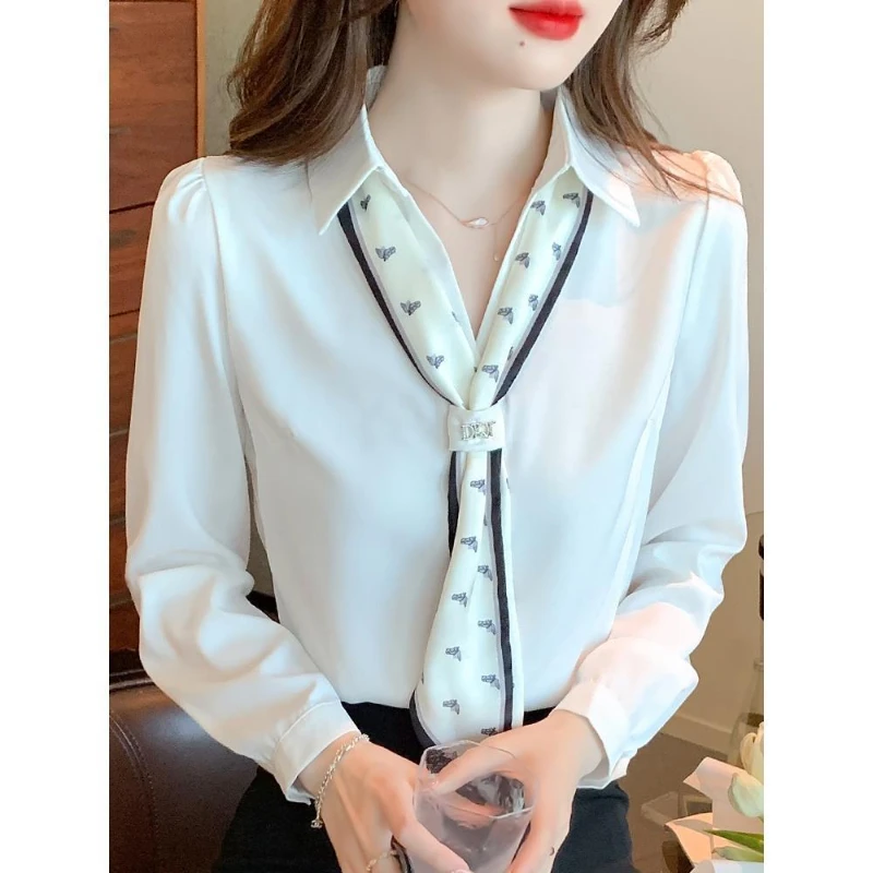 Tops Women 2023 Blouse Spring Summer Polo-neck Long Sleeve Single-breasted Bow Patchwork Fashion Office Lady Korean Style Casual