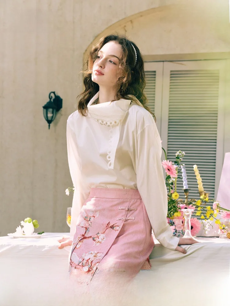 

Two Tee Things Cloud Str New Snow Winter 2026 Women's Long Sve irt with Scarf Collar Hollow out Lace Trim Sweet S...