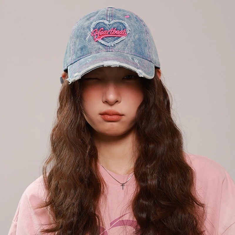 

denim baseball cap for women heart label letters embroidered cotton washed spring summer cap good quality hot girl outfit