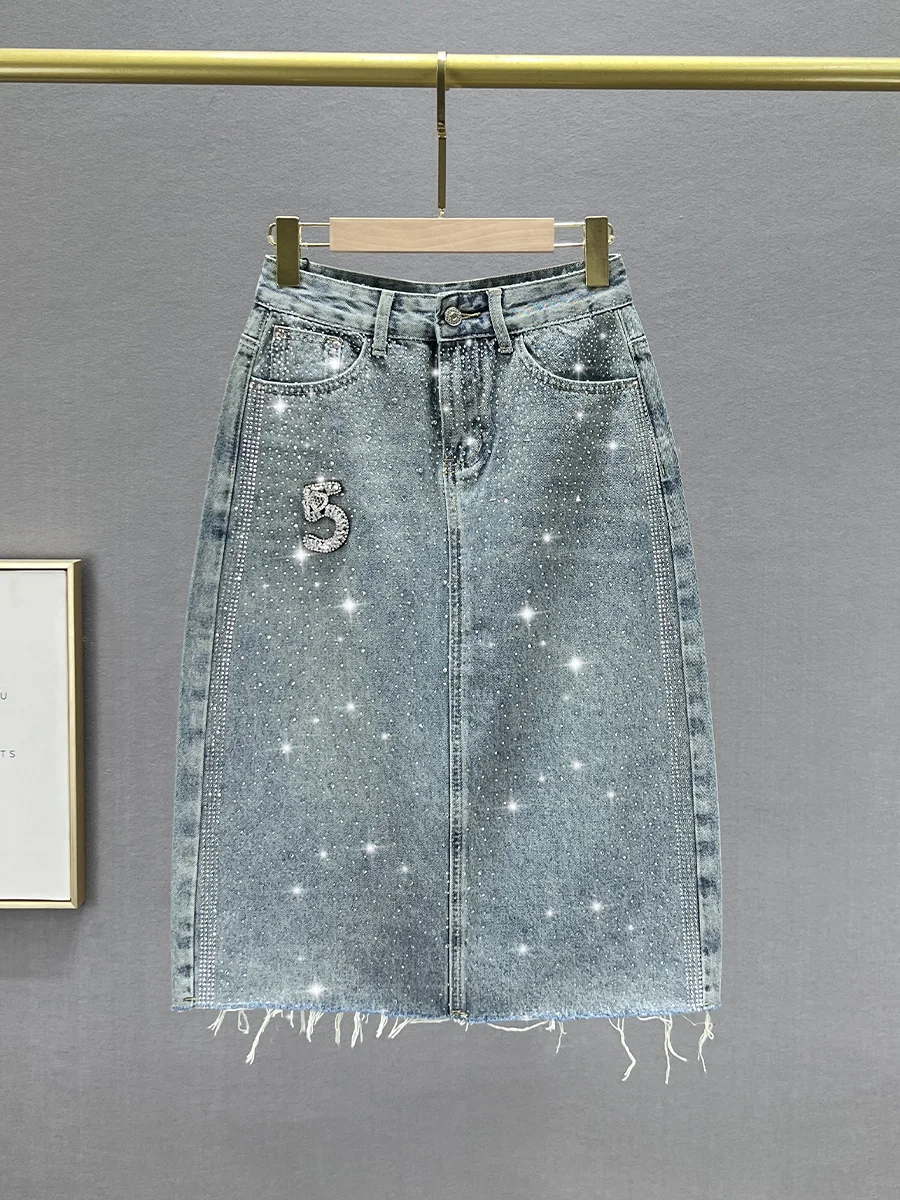 

Женская джинсовая юбка миди с высокой талией, свободного кроя, А-силуэта, с декоративными элементами, летняя новинка, уличный стиль