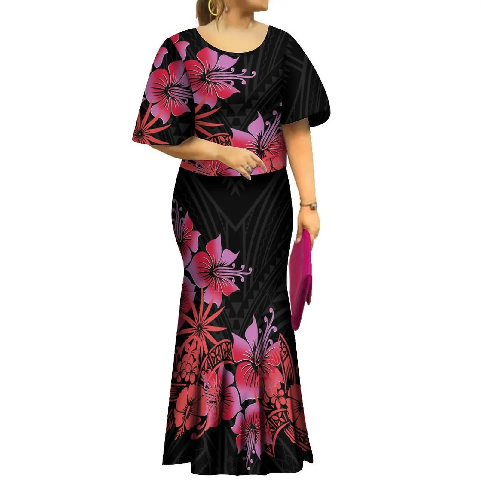 

Women'S Flared Sleeve Dress High Quality Puletasi Two-Piece Polynesian Tribe Dinner Party Elegant Fishtail Dress Plus Size 8xl