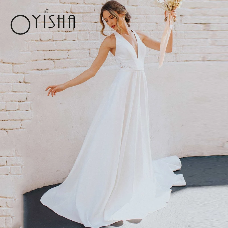 

OYISHA Deep V-Neck Satin Wedding Dress Classic Appliques Lace Illusion Bridal Gowns Sexy Sleeveless A-Line vestido de noiva 2023