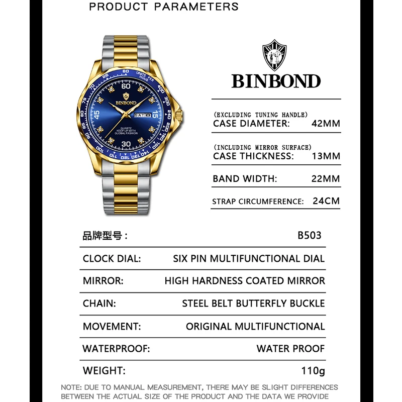 BINBOND B503 ساعات يد كوارتز مقاومة للماء للرجال، ساعات عمل بحزام من الفولاذ المقاوم للصدأ للرجال، ساعة عرض أسبوع التقويم