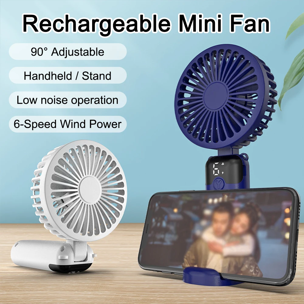 

Mini Fan Cooling Handheld Neck Hanging 6 Speed Display Chargeable Phone Holder Portable Desk Stand Summer Travel Music Festival