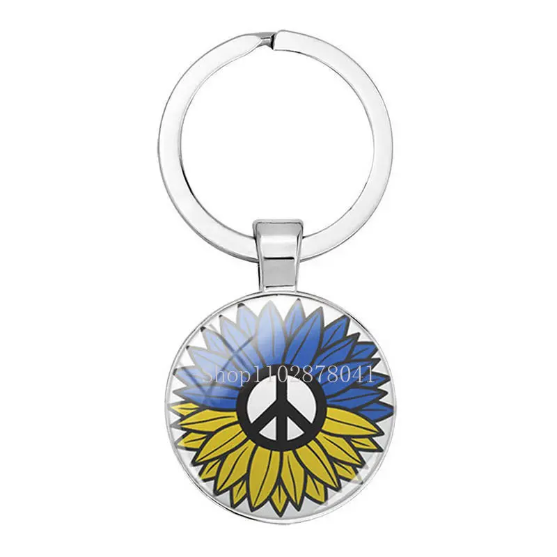 Popular Jewelry Dome Glass Metal Keychain Ukrainian Love and Peace Dove Yellow Blue Pattern Classic Gift