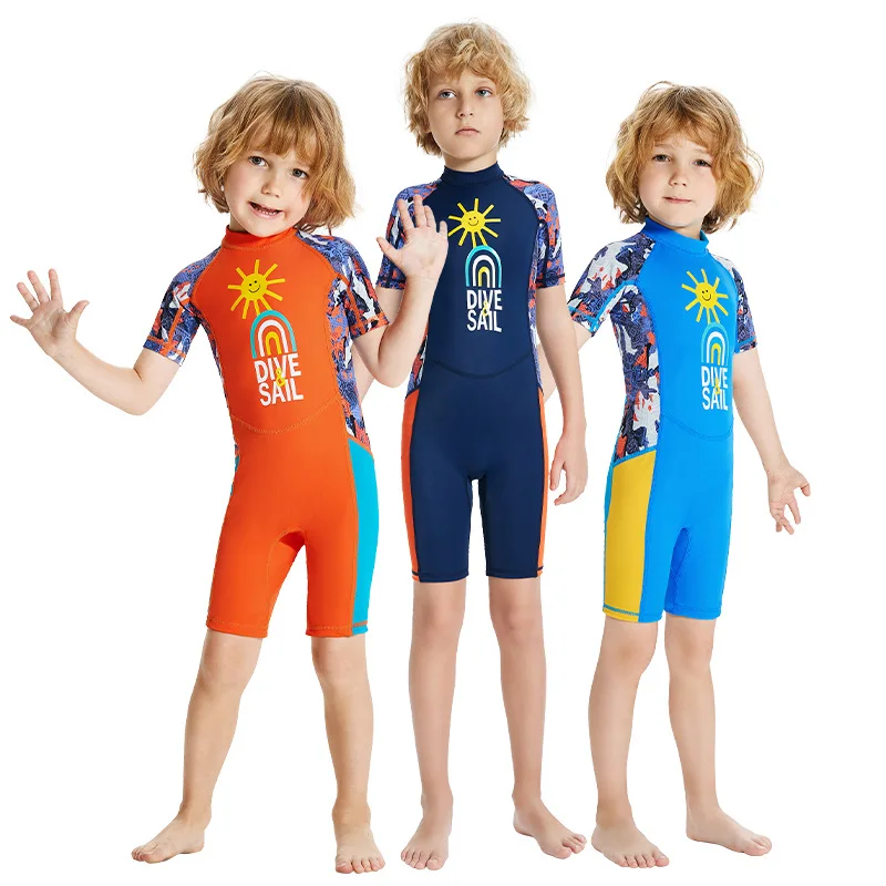 Children's Swimsuit Boys And Girls One-Piece Swimsuit Short-Sleeved Beach Sunscreen Professional Training Swimsuit