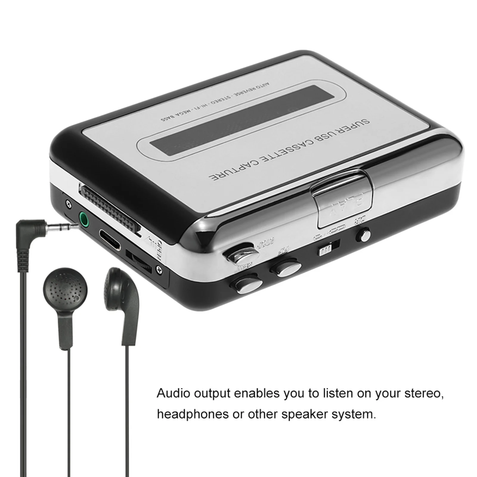 Convertidor de Tape-to-MP3 de casete USB, calidad de sonido HiFi, Mega Bass, reproductor de música con auriculares