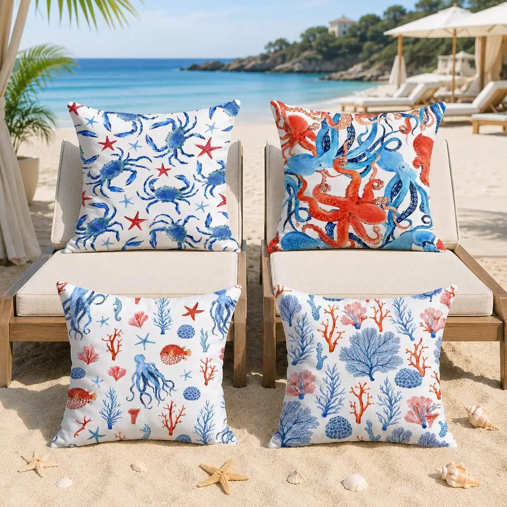 Coral Starfish And Crab Print Cushion Cover Silky Short Plush Invisible Zipper Dustproof Sofa Pillow Case For Home Decor