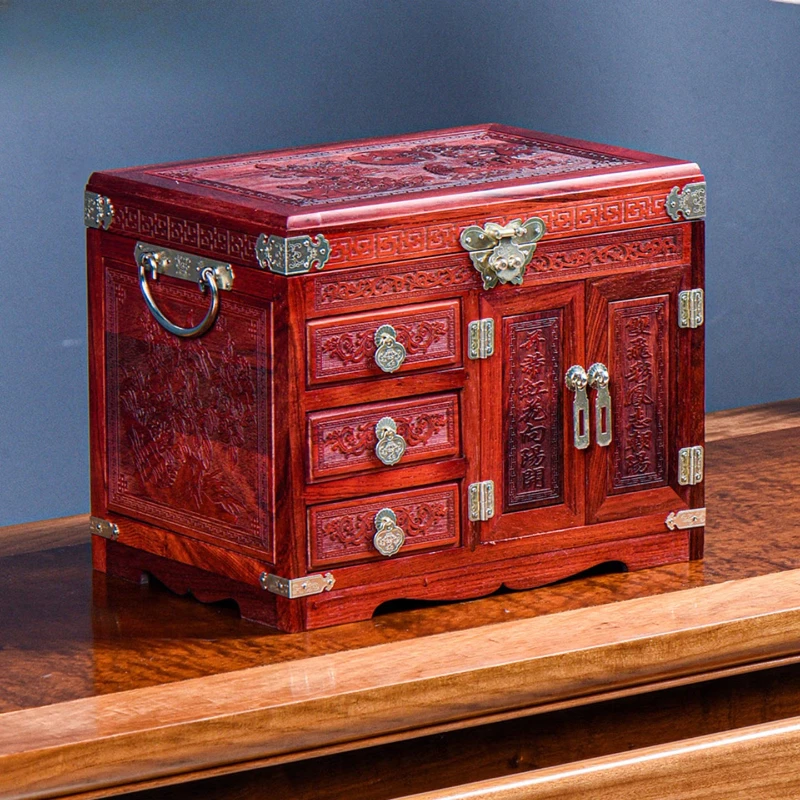 Mahogany jewelry box storage box retro Chinese style solid wood makeup box wedding dowry cosmetic case large capacity with lock