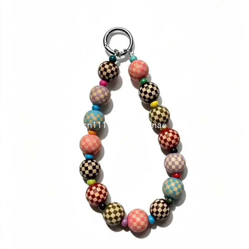 Original Wooden Plaid Beaded Phone Chain, Phone Charm, Bag Keychain Fashion Accessory - view 5