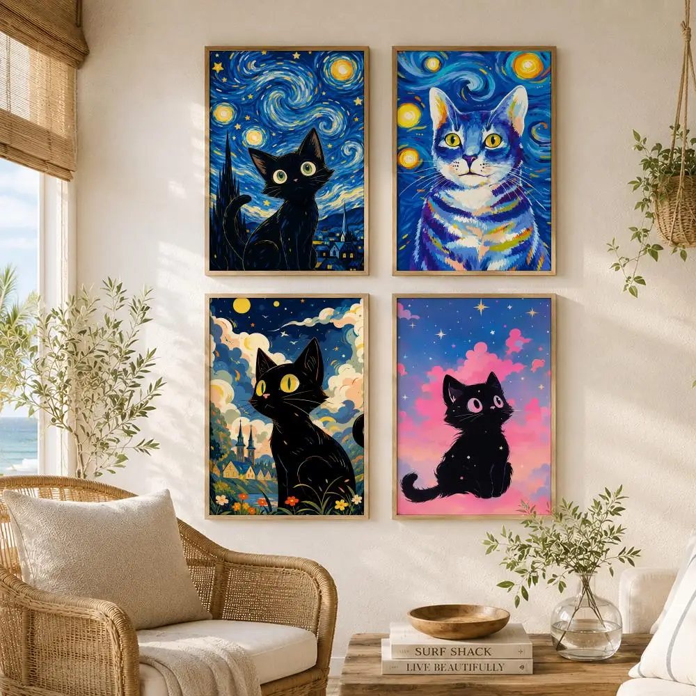 Starry Sky Kitty Art Painting Calligraphy High-Quality Canvas Wall Mural Crease-Free For Living Room Bedroom Interiors