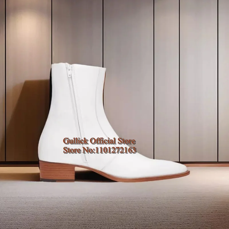 High Quality Men White Chelsea Boots Round Toe Block Heels Side Zipper Mens Party Dress Business High Quality Men White Chelsea Boots Round Toe Block Heels Side Zipper Mens Party Dress Business