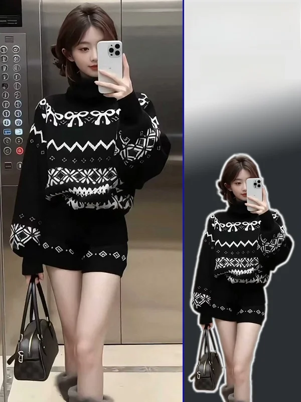 

Spring New plus Size Knitted High Ne Warm Sweater And orts Two Piece Set Casual Sle Faionable And Slimming for Women