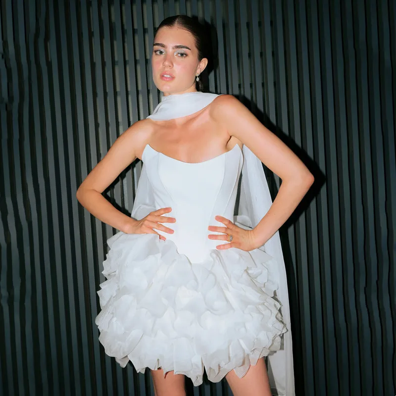 

Customized Simple Satin Mini Ball Gowns Sexy Strapless Open Back Zipper Short Tiered Ruched White Wedding Dresses For Bride 2026