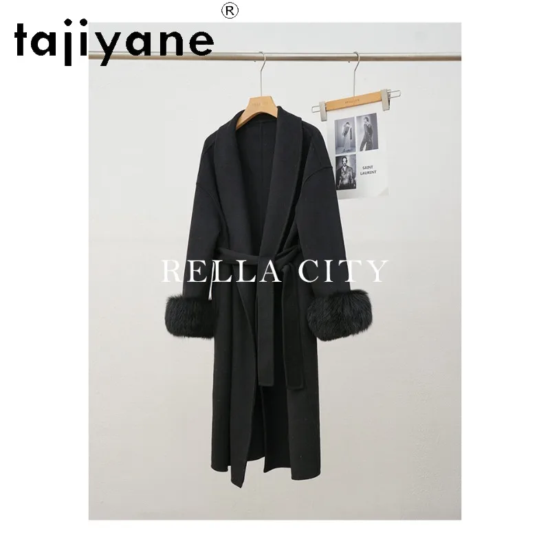 TAJIYANE 100% Pure Wool Coat Women Long Coats for Women Clothing Loose Winter Coat Fox Fur Cuffs Jackets 108cm Black Coat Casaco