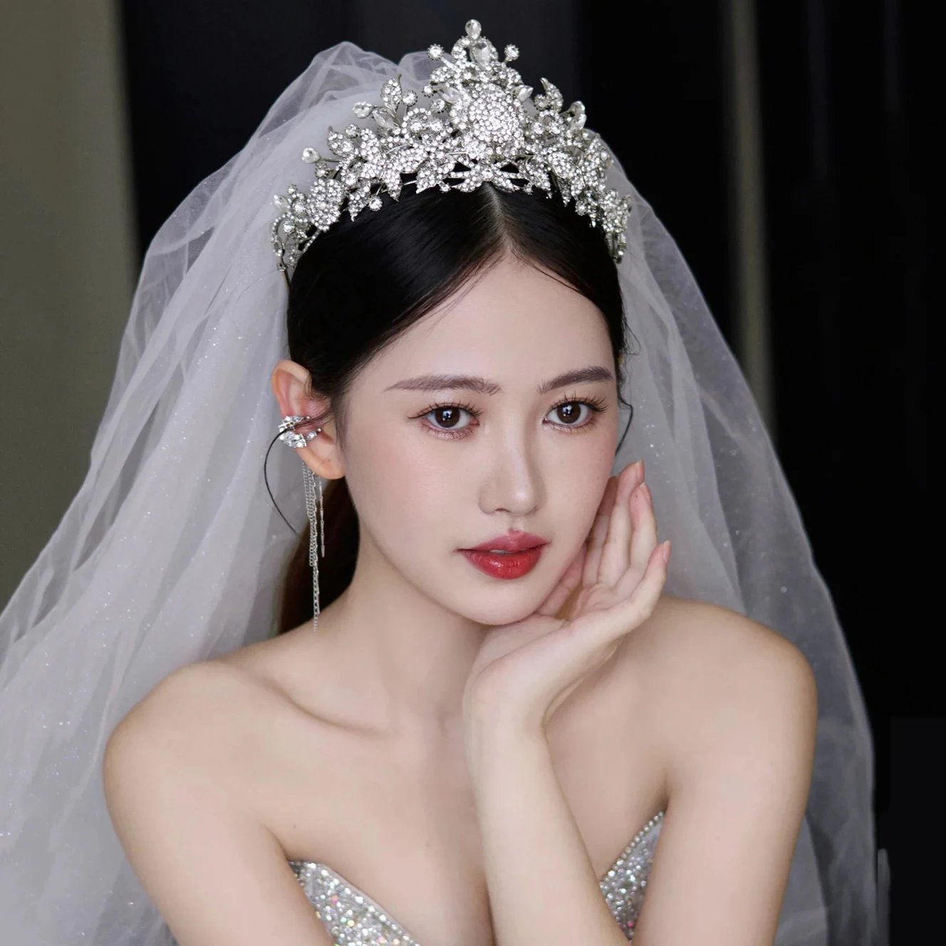 

Двухслойная свадебная корона для волос, съемная повязка для волос, сверкающие стразы, свадебный головной убор для невесты, аксессуар