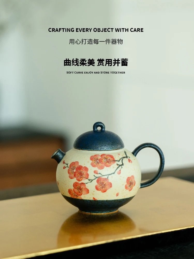 Blue and White Fire Stone Red Little Teapot Ceramic Household Pure Hand Drawing Plum Blossom round Belly Single Set