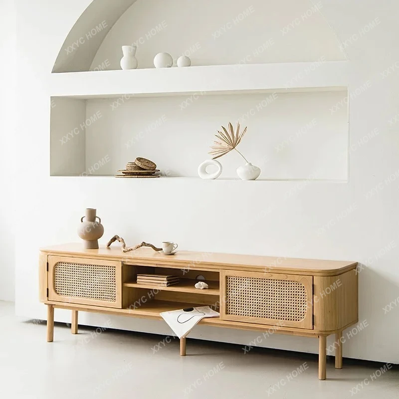 TTTV Cabinet Small Apartment Living Room Floor Audio-visual Cabinet Nordic Medieval Style Solid Wood Rattan
