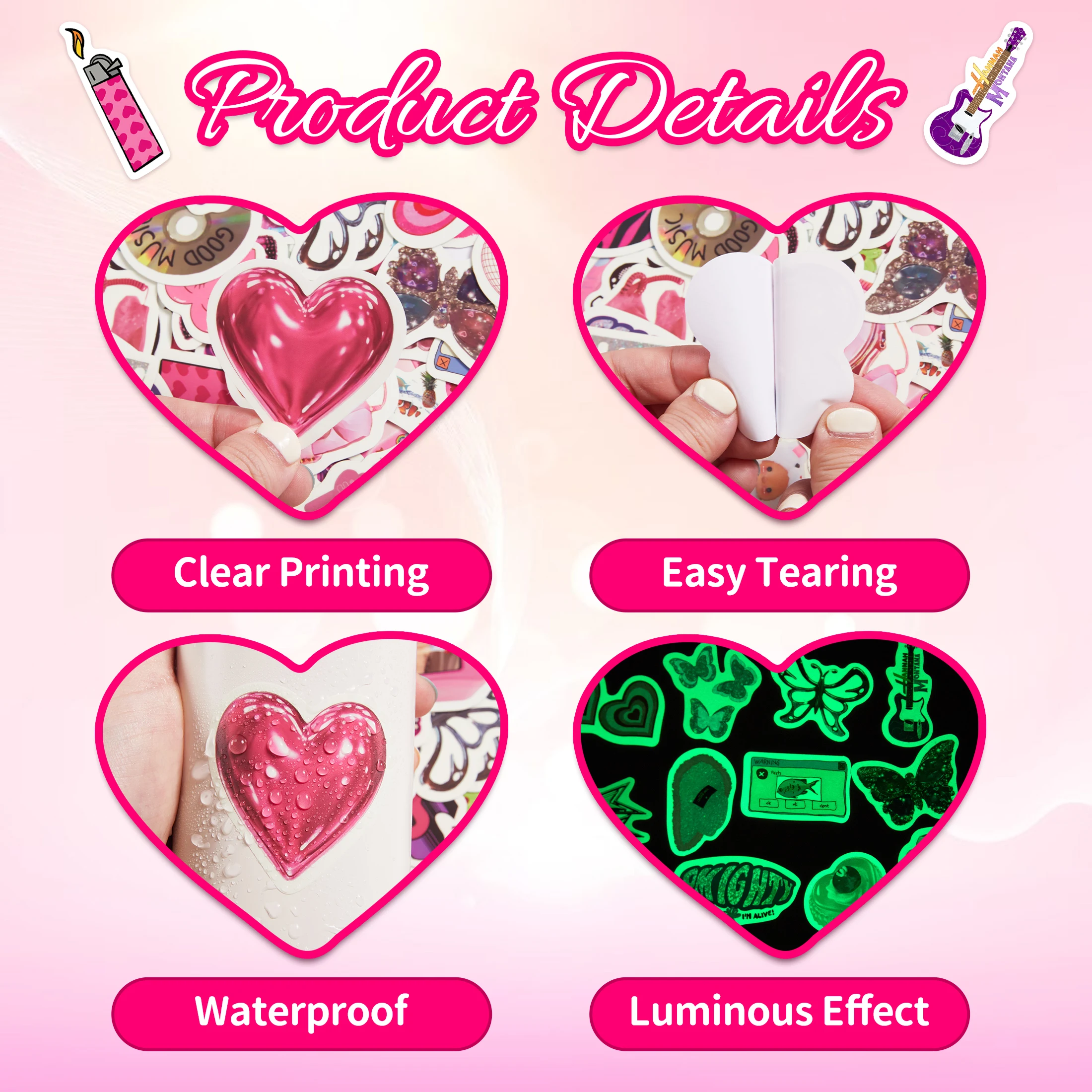 50 pçs rosa moda padrão brilho no escuro adesivos auto-adesivos à prova dwaterproof água decalques de vinil livros de computador garrafas decoração do miúdo