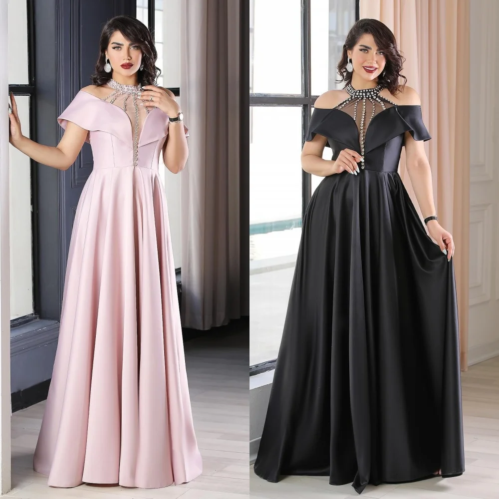 

Customized Sexy Fashion Pleat Rhinestone A-line High Collar Long Dresses Bespoke Occasion Dresses Sizes Available High Quality