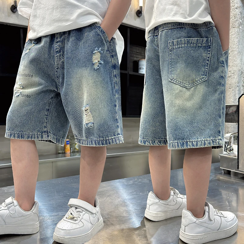 Fashion Kids Boy Street Style Ripped Denim Shorts Vintage Wash Casual Broken Summer Shorts With Holes Child Cool Destroy Bottoms