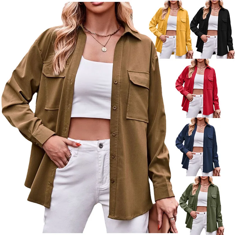 Autumn and Winter New Comfortable and Casual Double Pocket Solid Color Single-breasted Long-sleeved Shirt Women