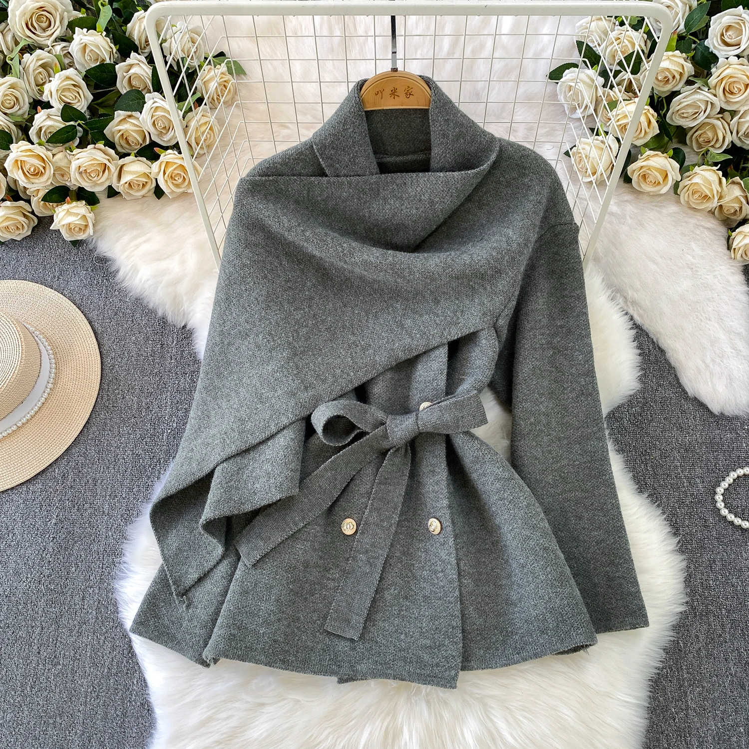 

SuperAen Elegant Shawl Jacket European and American Style Women Mid-length Knitted Sweater Lace-up Waist Winter Coats