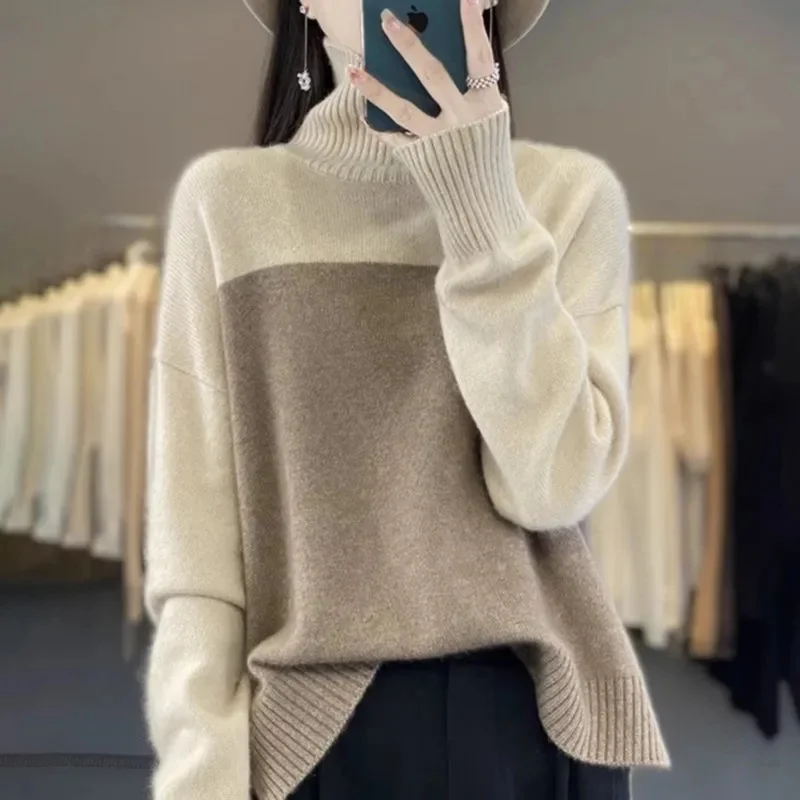 Autumn And Winter Fashion New High-necked Color Matching Women's Thick Sweater Fashion Loose Slim Temperament Beautiful Sweater